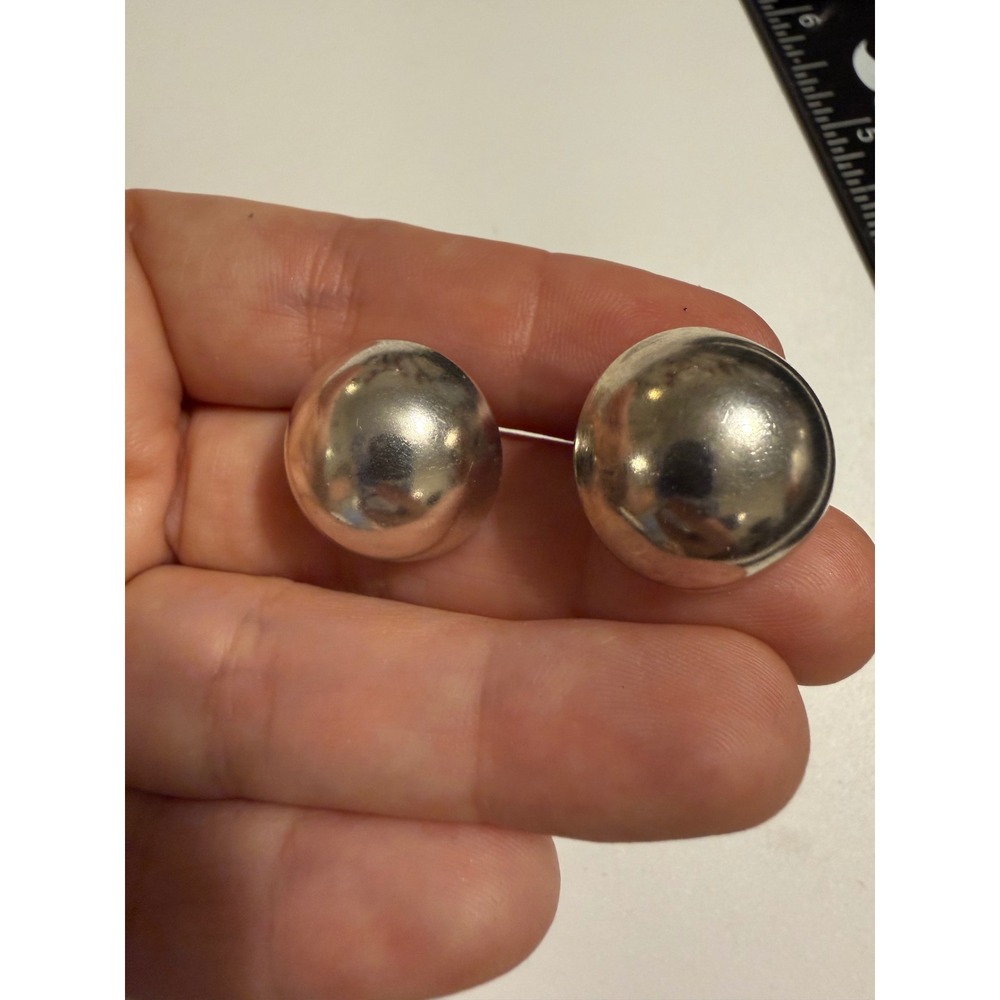 Vintage Silver Tone Chunky Dome Stud Earrings Minimalist High Polish Half Sphere